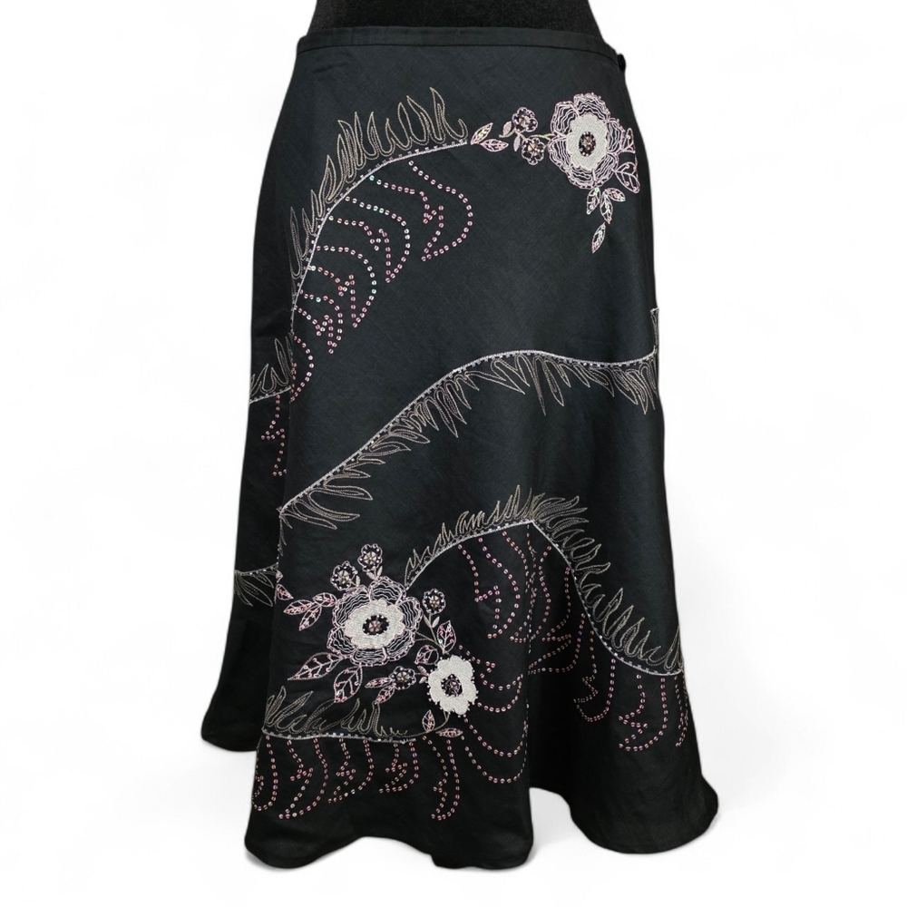 Y2K Romantic Boho Linen Embroidered Sequin Beaded Floral Midi Skirt Black Size 8